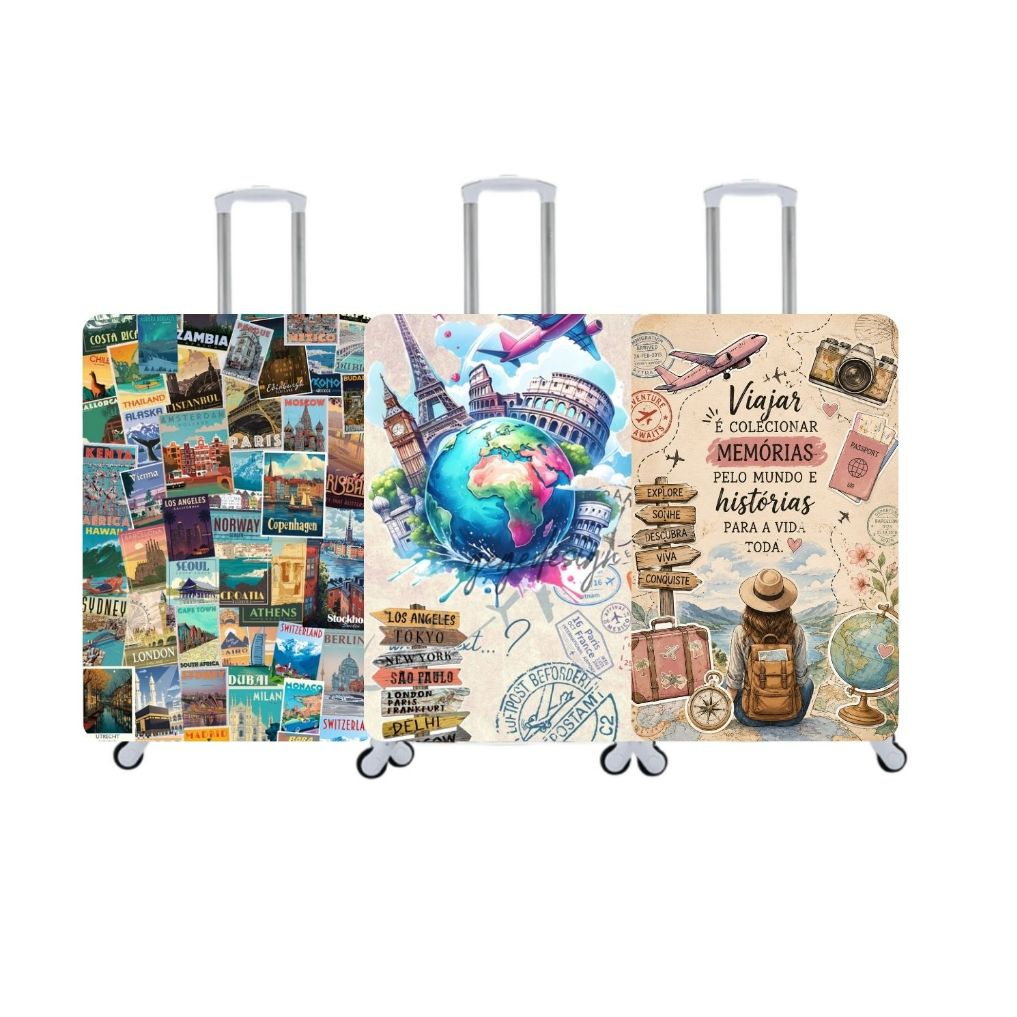 CAPA DE MALA – TEMA VIAGEM & MUNDO | TECIDO SUPLEX PREMIUM