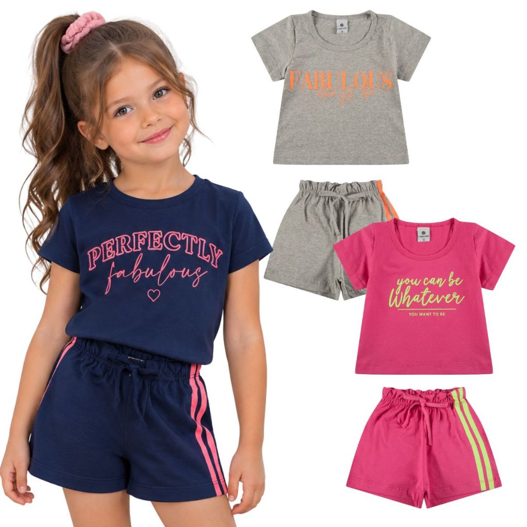 Conjunto Infantil Menina Verão Blogueira do 1 ao 14 Anos | Blusa Algodão + Bermuda Cintura Alta |  Roupa Infantil Menina