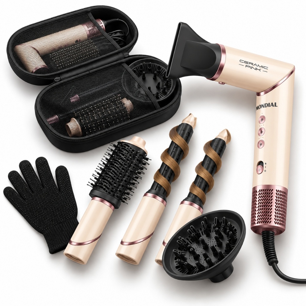 Secador de Cabelo Mondial Multifuncional 5 em 1 Modelador 1500W Rosa 127V