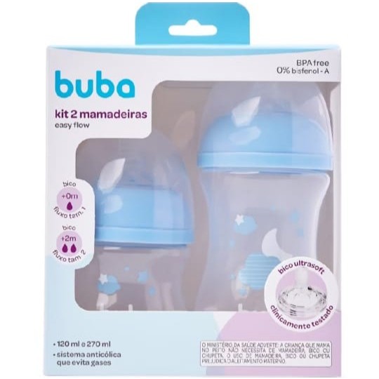 Kit 2 Mamadeiras Buba Easy Flow Nuvem, 120ml + 0m,  270ml + 2m, livre de BPA, sistema anticólica,  cor AZUL