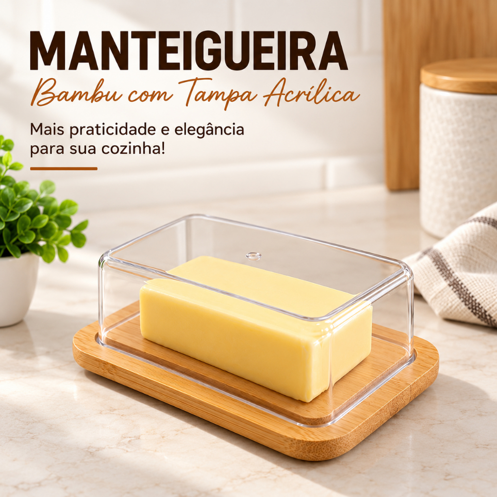 Manteigueira Bambu com Tampa Acrílica Porta Manteiga Queijo Frios 19cm ENVIO IMEDIATO