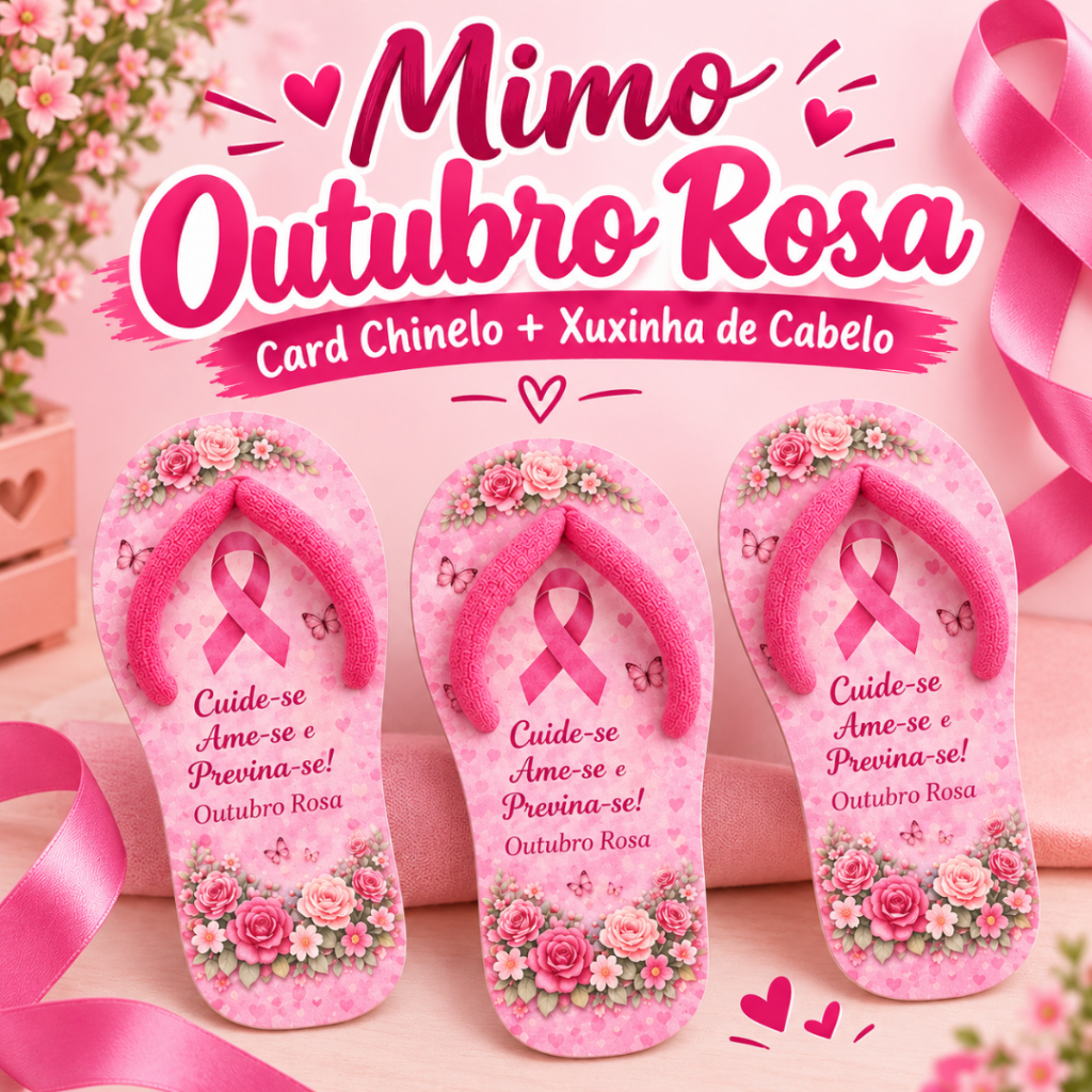 Card chinelo com Xuxinha de Cabelo Mimo Outubro Rosa- Lembrancinha Outubro Rosa - Presente Criativo - Imagens Real