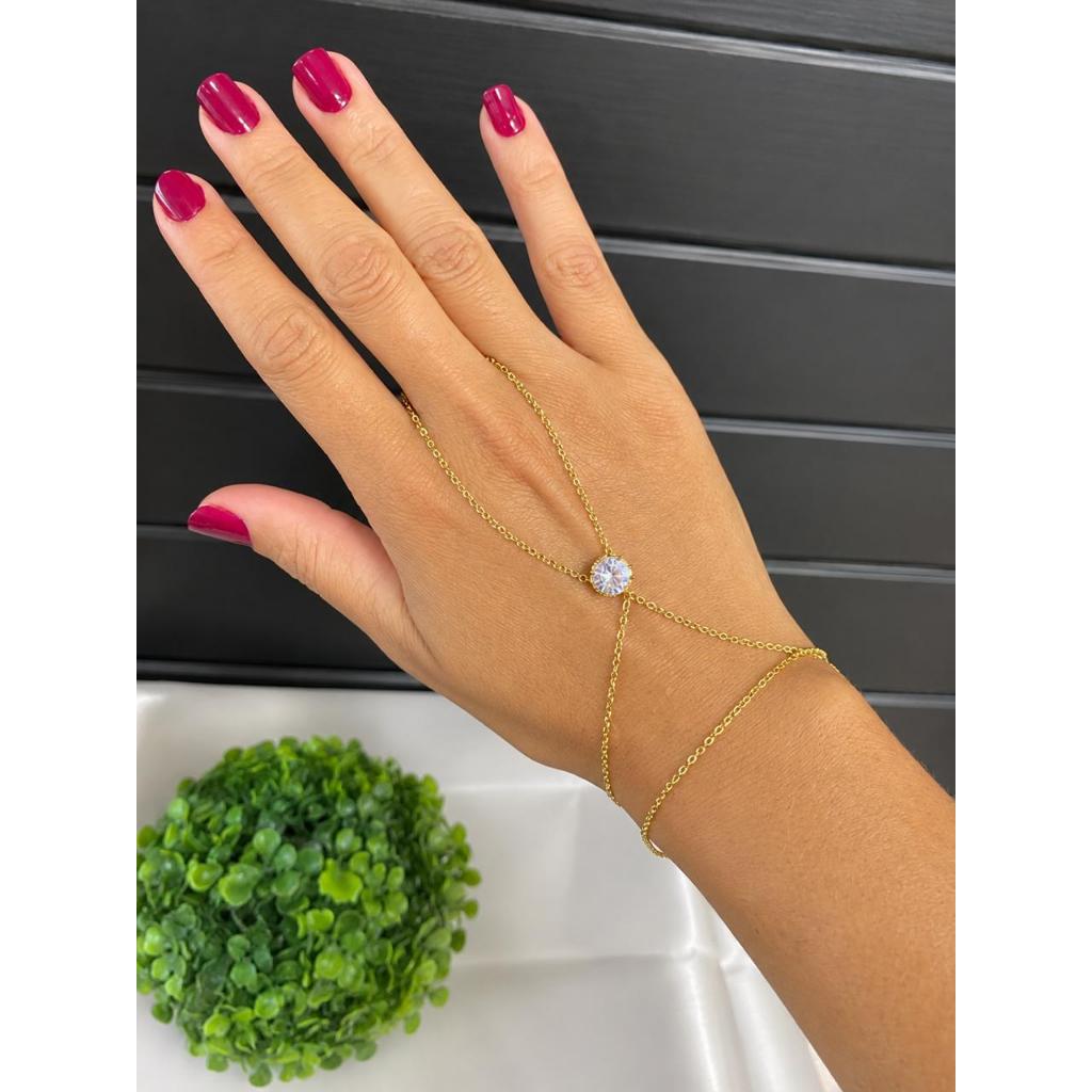 Hand Chain Pulseira de Mão Folheada a Ouro com Zircônia redonda Central