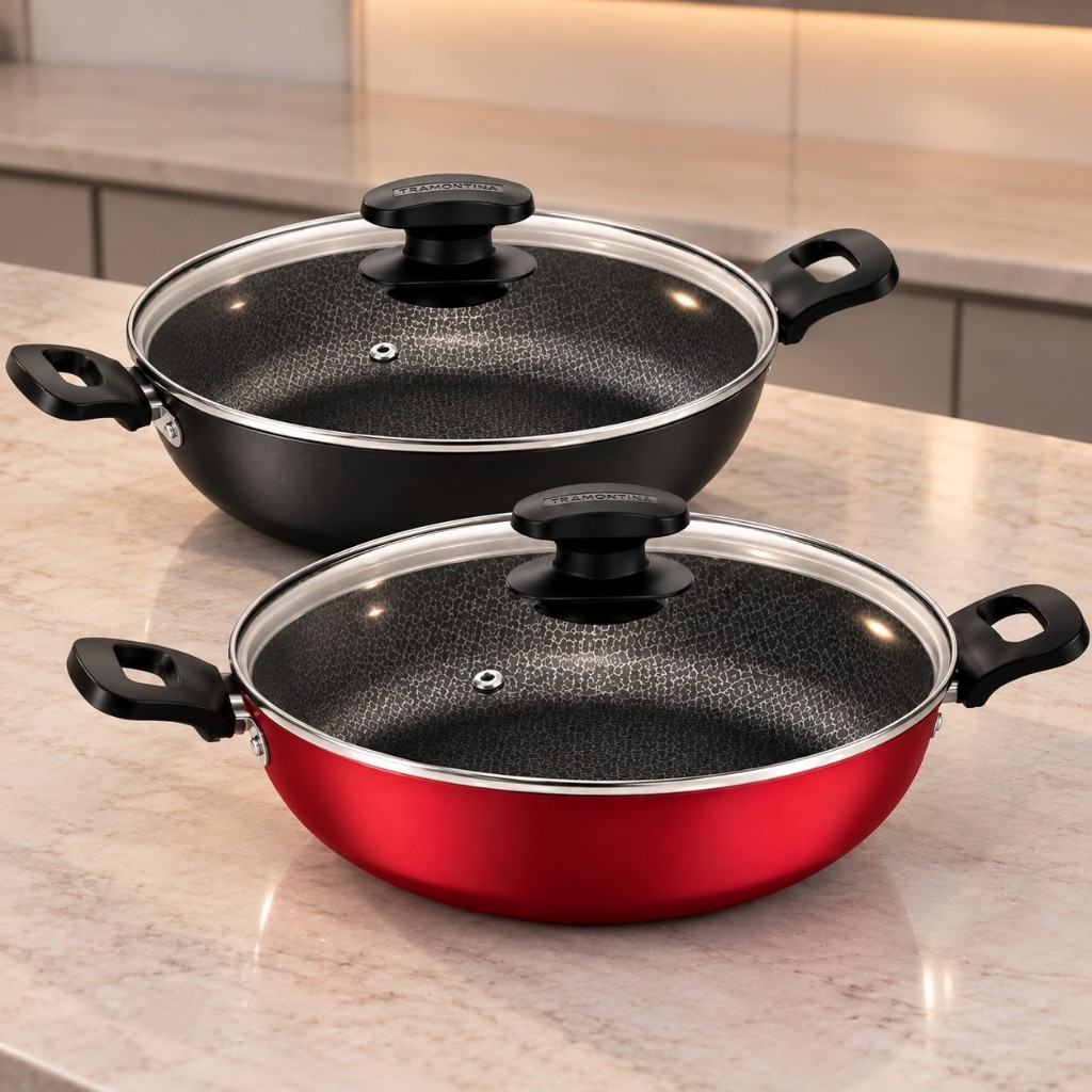 Panela Wok Tramontina 3,3L Loreto 28cm Cor Preto E Vermelho Cozinha Completa Panela Segura Com Tampa De Vidro