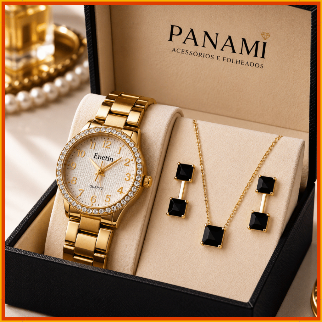 Kit Presente Feminino com Relógio Dourado Colar e Brincos de Cereja presente para Mãe Kit Relógio Feminino Dourado com C