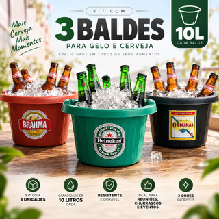 Kit 3 Baldes Para Gelo e Cerveja – capacidade 10 Litros balde de plástico personalizado