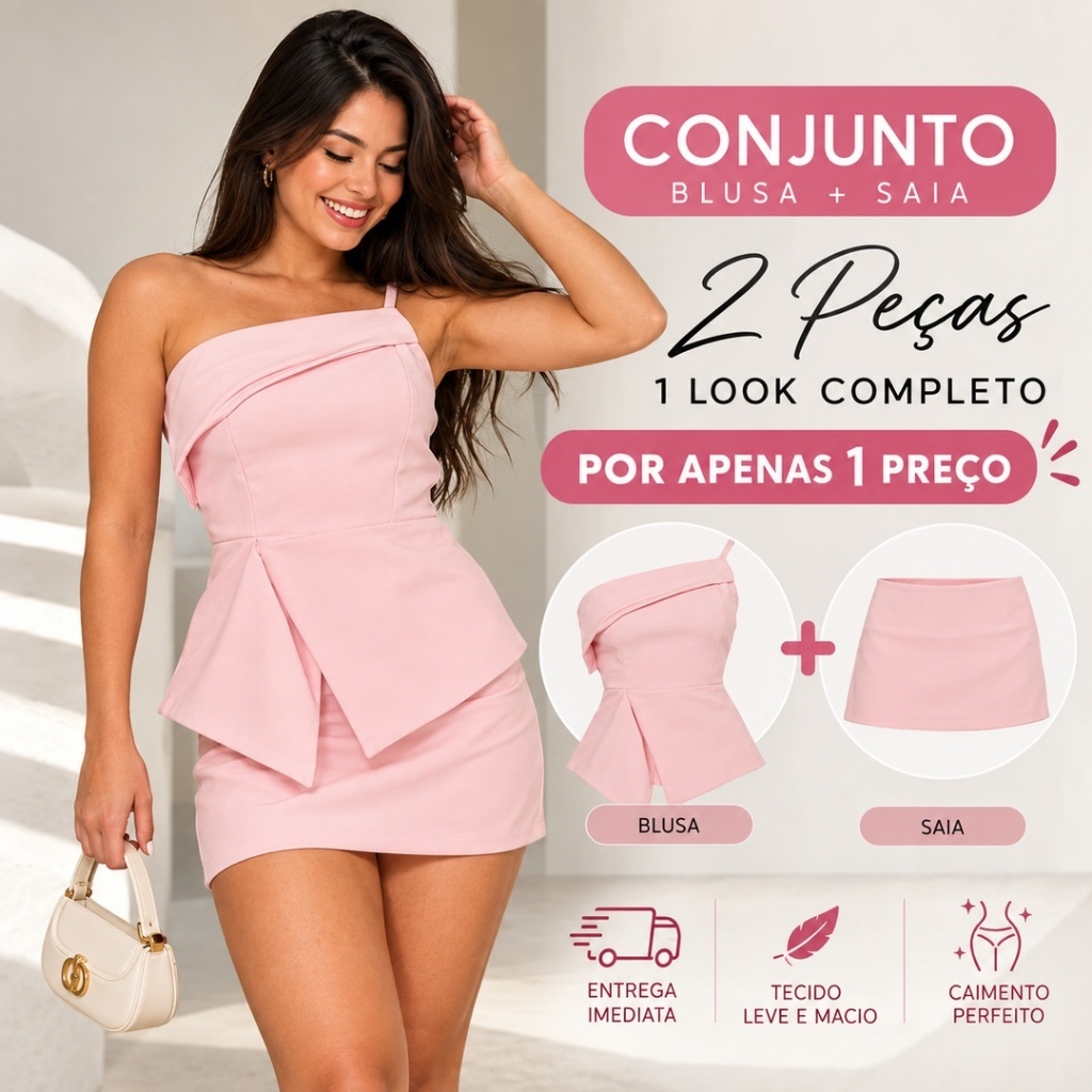 Conjunto Feminino Alfaiataria de Blusa Short Saia Rosa Tecido Leve Confortável Primavera