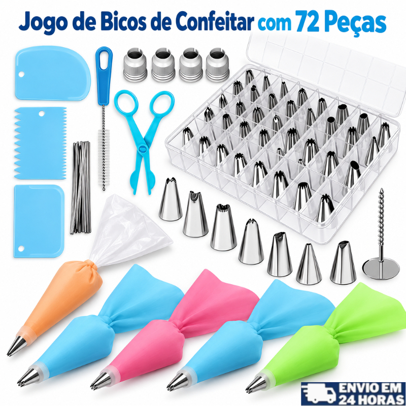 Jogo De Bicos Inox Kit Com 72 Peças Confeitar Bolo, Tortas Kit Confeiteiro Completo Para Decoração De Bolo em Inox