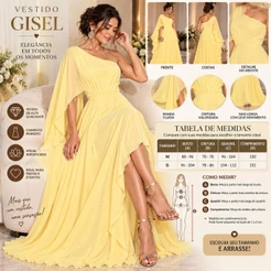Vestido de Gala Gisel Feminino Longo Elegante Festa Manga Fluida Cintura Marcada Decote Assimétrico Social Eventos