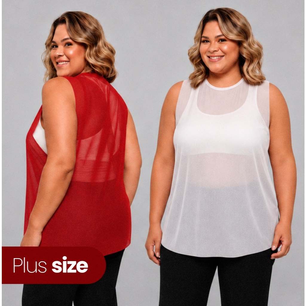 Regata Feminina Transparente Plus Size de Tule Camiseta Blusa Academia Treino Regatão com Transparência Moda Fitness