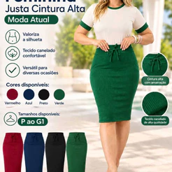 Saia Feminina Midi Canelada com Fenda na Lateral e Amarração