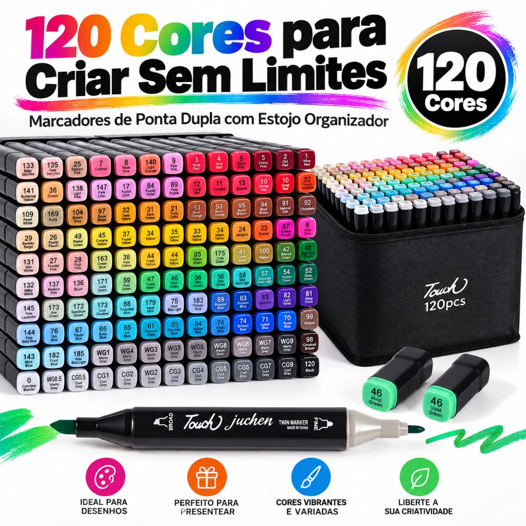 Kit Canetas Marcadoras Touch 120/168 Cores Ponta Dupla Fina e Chanfrada com Estojo para Desenho e Ilustração