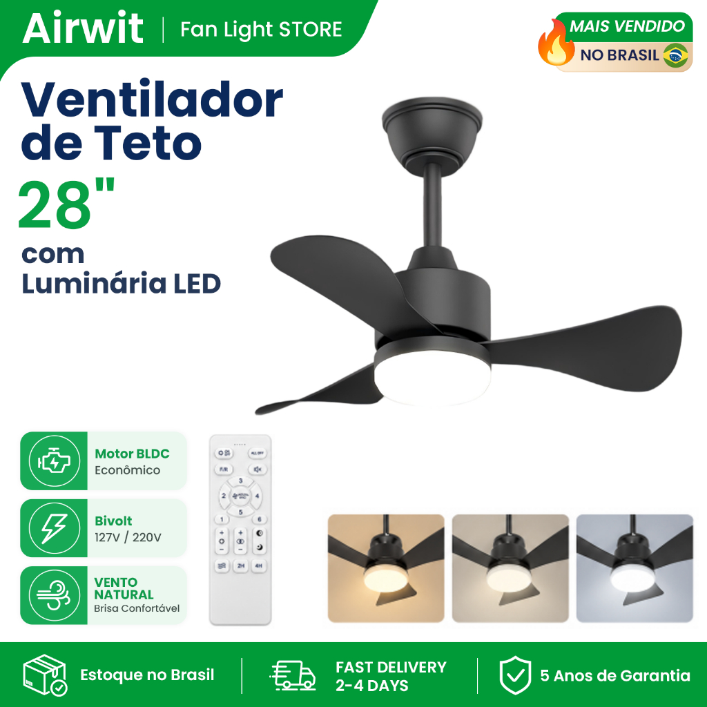 Airwit 28 Inch 3 Pás Ventilador de Teto Com Luminária LED Econômico Silencioso 6 Velocidades Controle Remoto