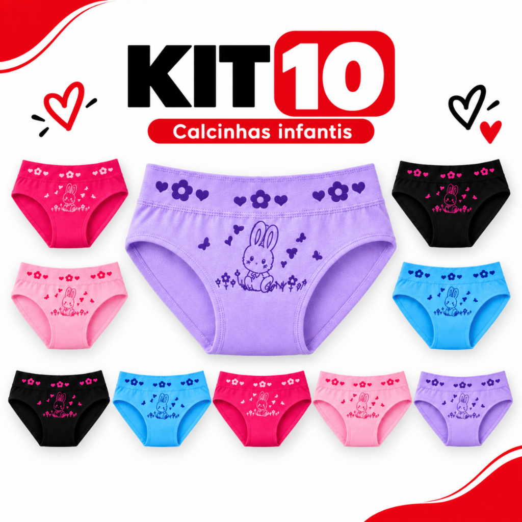 Kit 10 Calcinhas Infantil Feminina Cores Variadas,  Confortável para Uso Diário, Tecido Respirável, Macio
