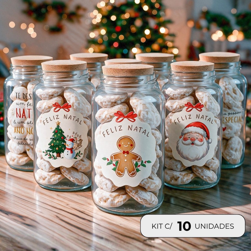 Kit 10 Potes de Vidro Natalinos 810ml Lembrancinha, Presente de Natal, Pote Biscoitos + Adesivo
