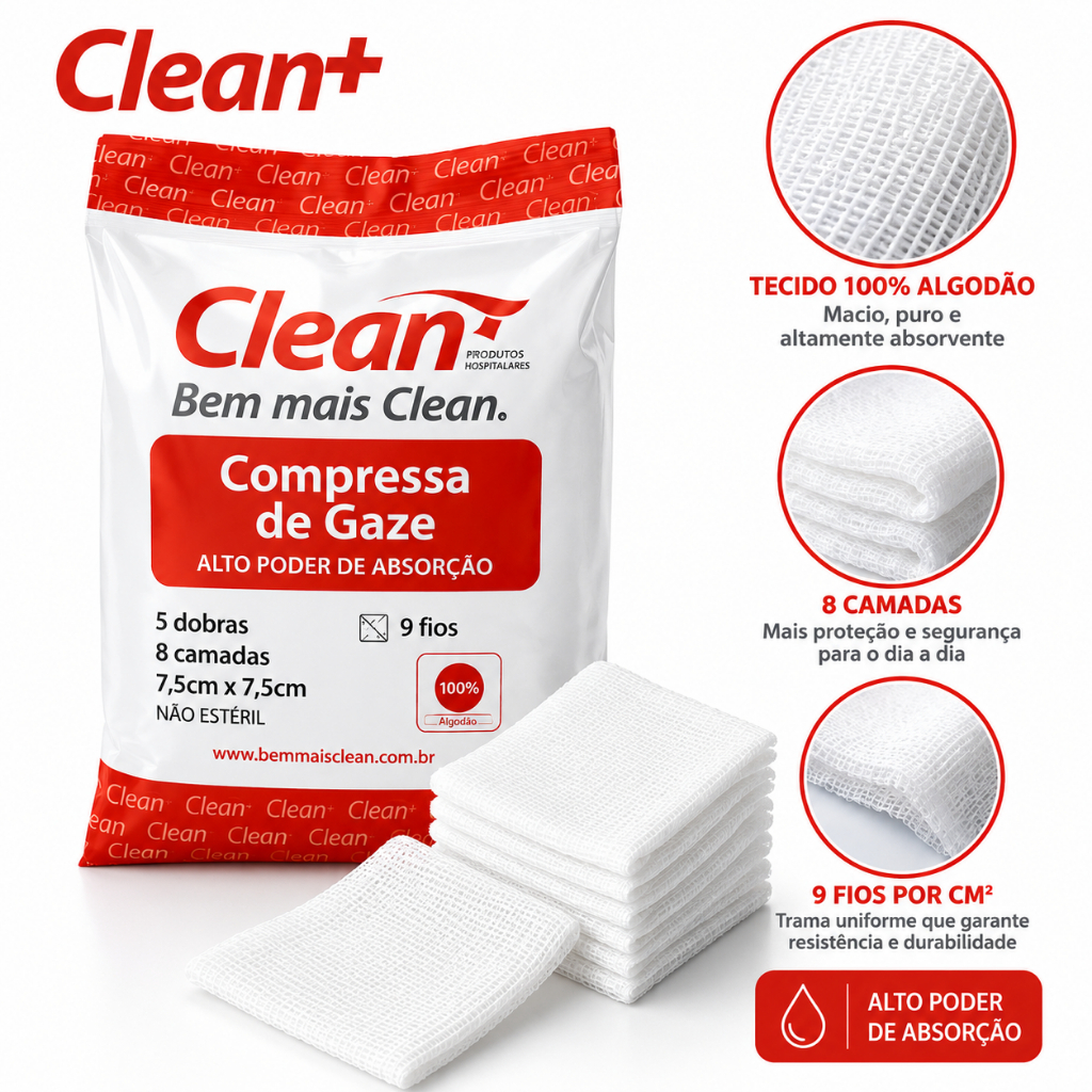 Compressa de Gaze 9 Fios 7,5x7,5cm 100% Algodão Clean 180g