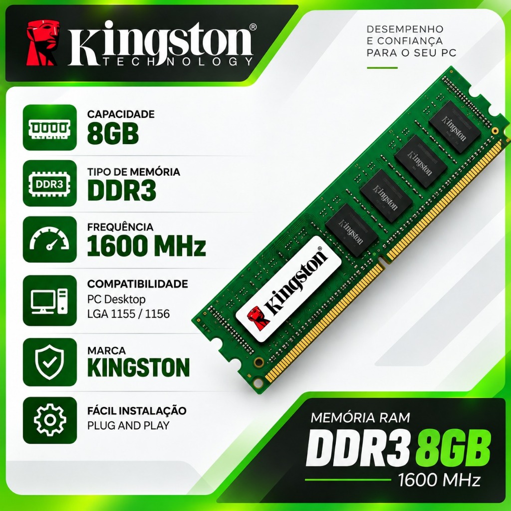 Memoria Ram Para Pc DDR3 8GB 1600mhz Promoção! Computador Desktop Kigston