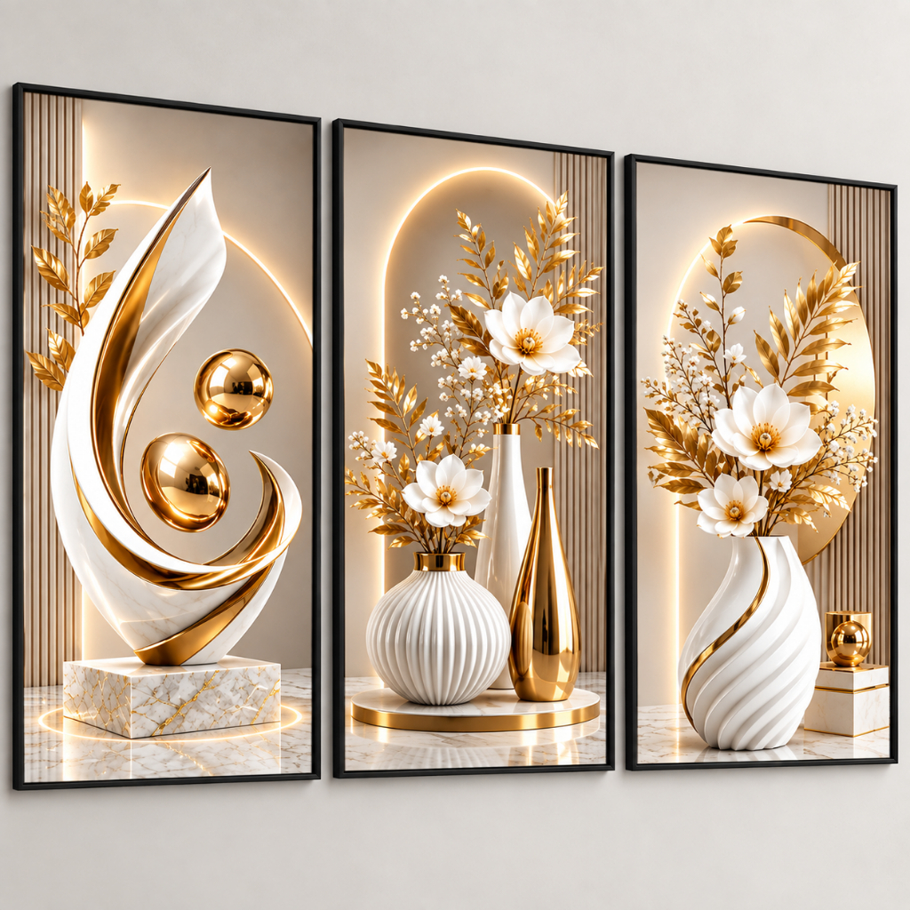 Quadro Decorativo 3 Peças Abstrato Geométrico Vasos Dourados Sala Quarto Escritório