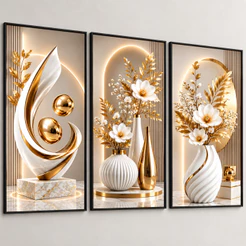Quadro Decorativo 3 Peças Abstrato Geométrico Vasos Dourados Sala Quarto Escritório