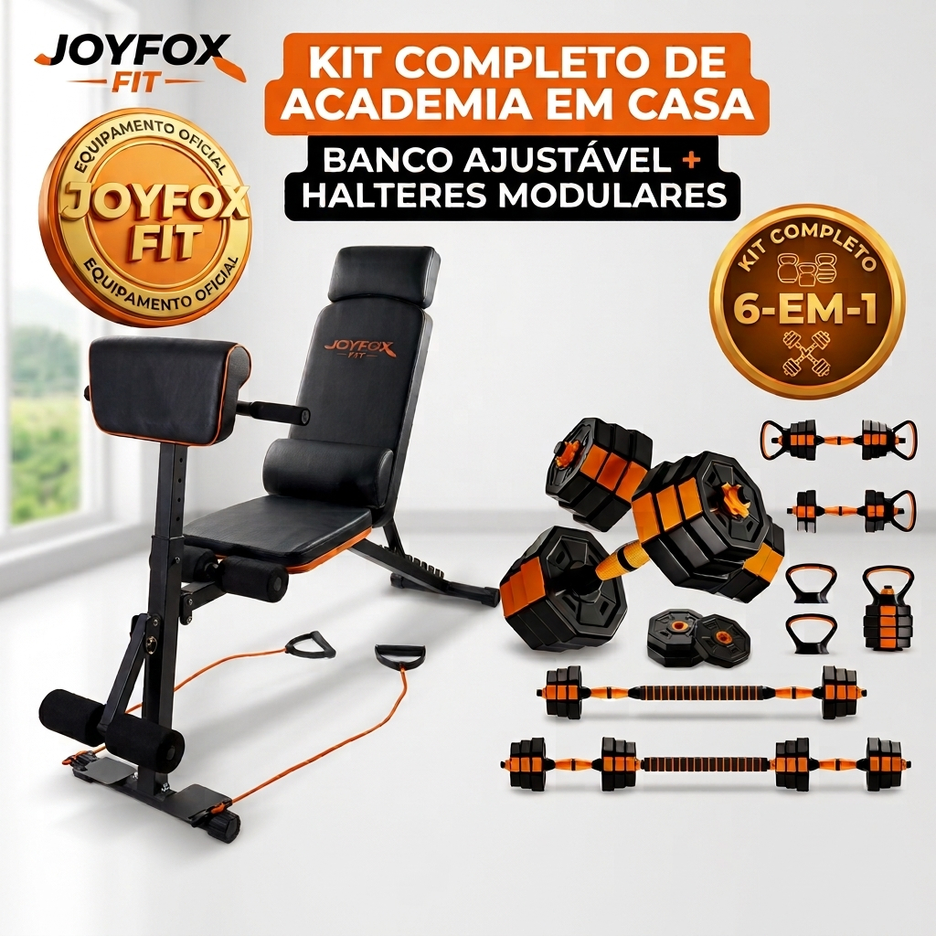 Kit Combo Academia em Casa Joyfox: Banco de Musculação Dobrável Regulável + Kit Halter Multifuncional 10kg Com Anilhas