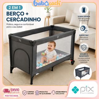 Berço Portátil 2 em 1 Cercadinho Dobrável  Rodinhas + Colchão Incluso