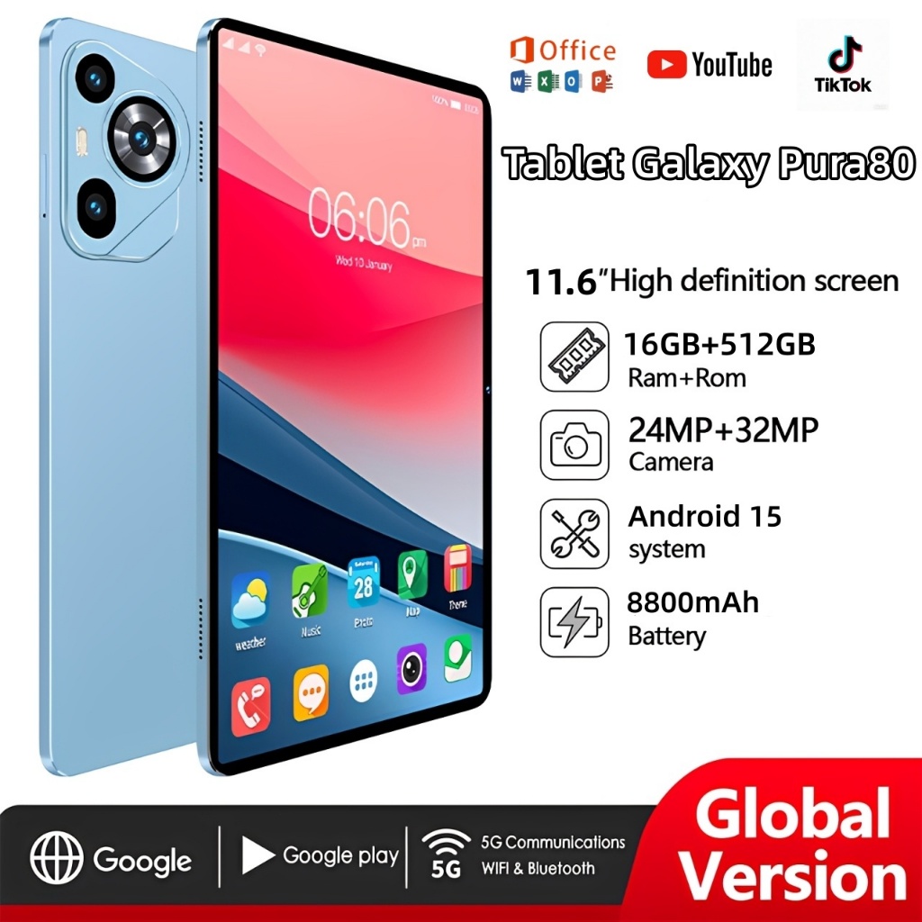 【Teclado e mouse grátis】 Tablet Galaxy Pura80 11,6 polegadas HD 16 GB + 512 GB 8.800 mAh com capa protetora