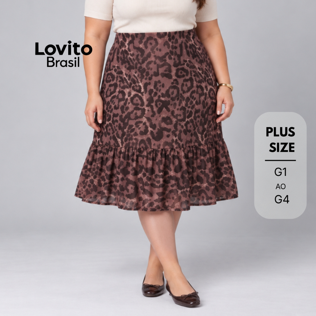 Lovito Saia Feminina Midi com Babado Barra Animal Print Plus Size SKB267BRL296
