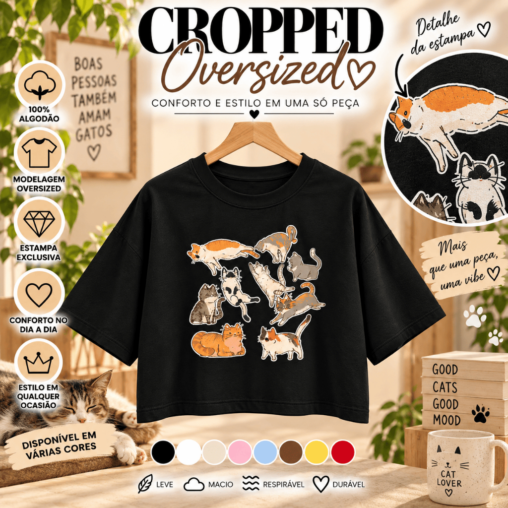 Cropped Feminino Oversized Gatinhos 100% Algodão Estampa Cats Fofa Divertida Moda Casual Confortável Tendência Manga Cur