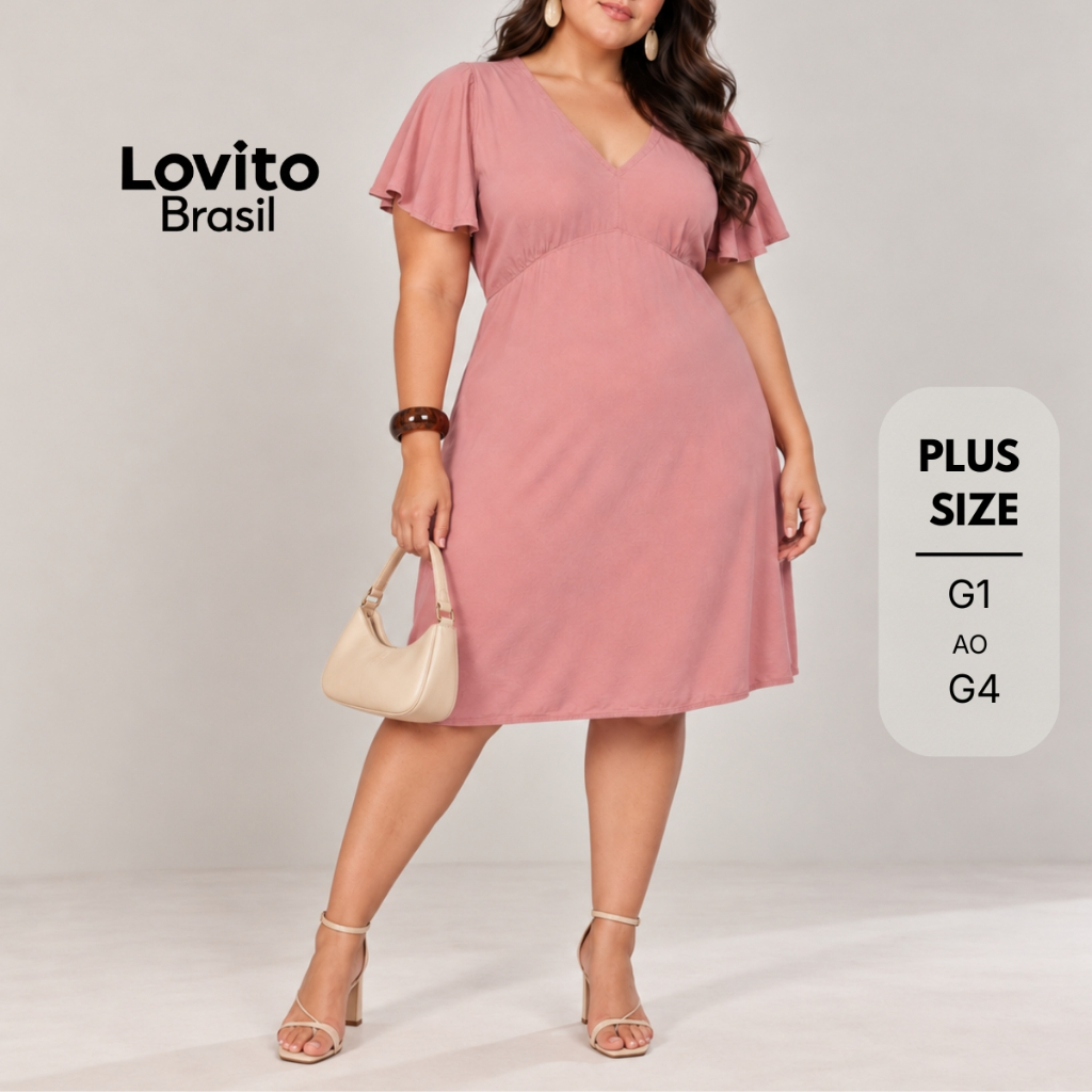 Lovito Vestido Plus Size Decote V Manga Bufante Curta Feminino DRB254BRL283