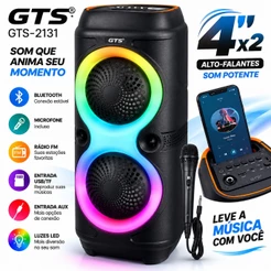Caixa de Som Bluetooth GTS-2131 4" x2 RGB LED Potente com Microfone FM USB/TF