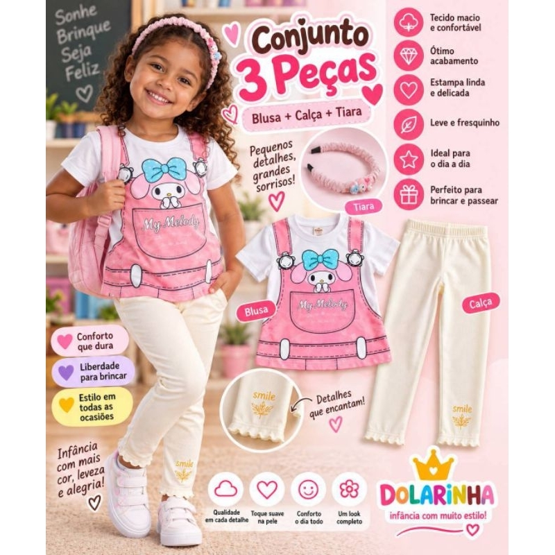 Kit Infantil Menina Tamanho 2 anos 4 Peças Conjunto Camiseta Legging Tiara Meia Roupa Infantil Feminina