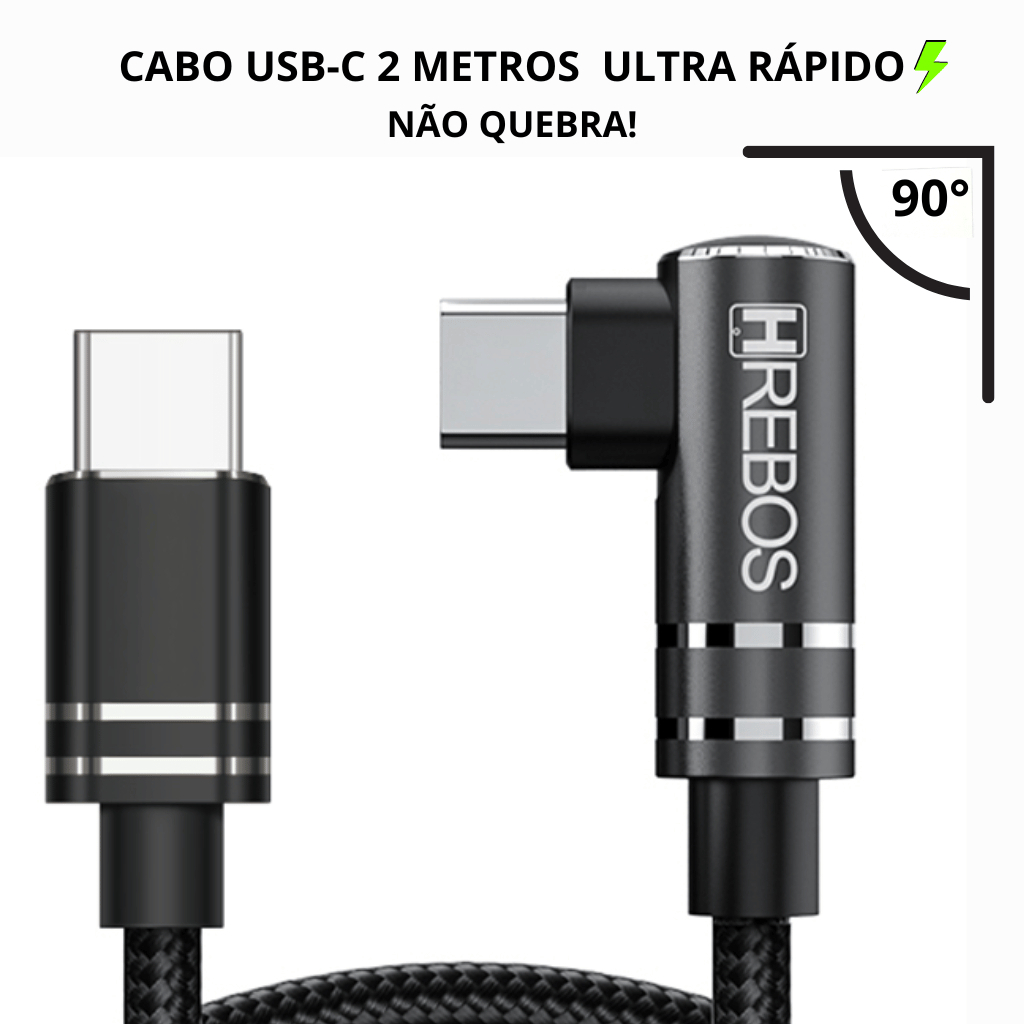 Cabo USB-C em L 90 Graus Lateral Folded-up Carregamento 2 Metros Preto 60w Tipo C Smartphones Computador