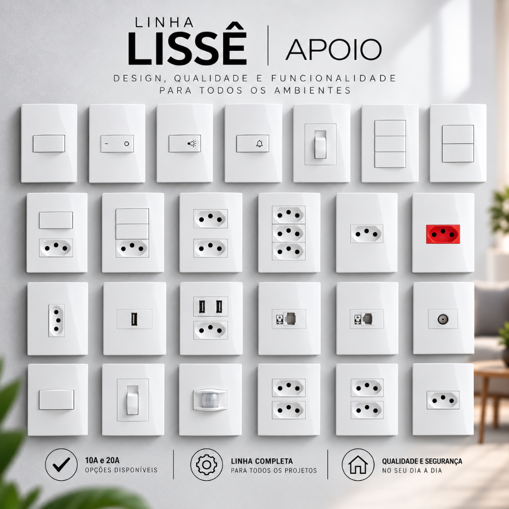 Interruptor + Tomada Conjunto Modular Montado Lissê Apoio 10A ou 20A Padrão 4x2