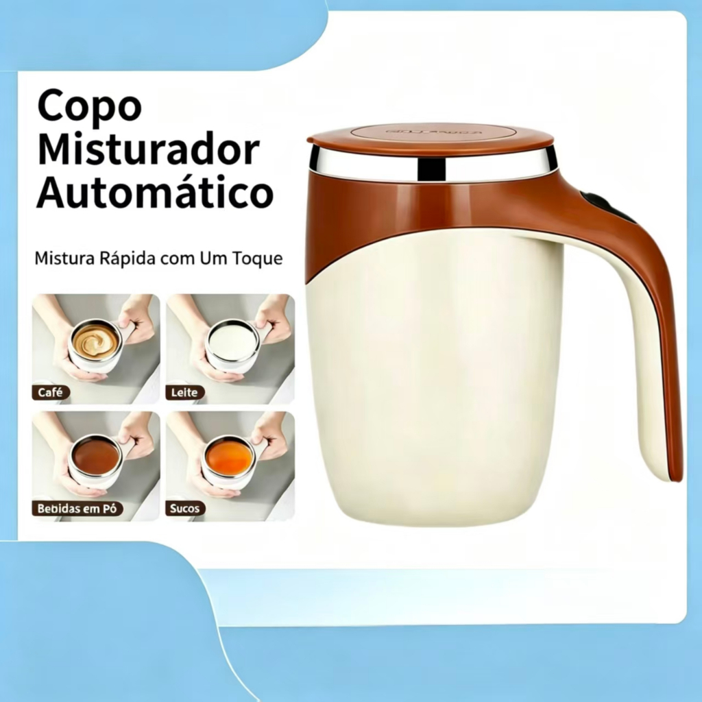 Caneca Elétrica com Mixer Magnético Automático – Copo Misturador para Café, Chá, Leite, Achocolatado e Bebidas em Pó