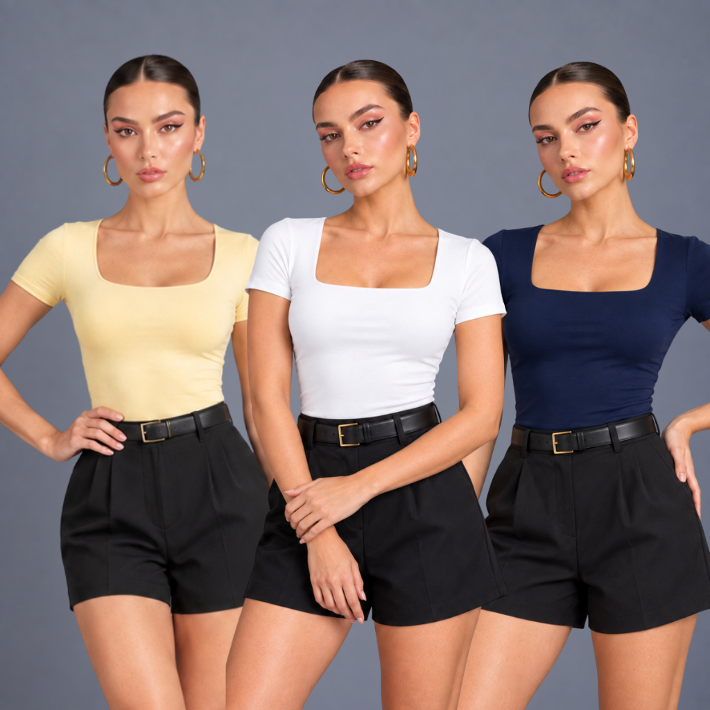 Blusa Feminina Decote Quadrado Básica Manga Curta Casual Suplex Premium Blogueira