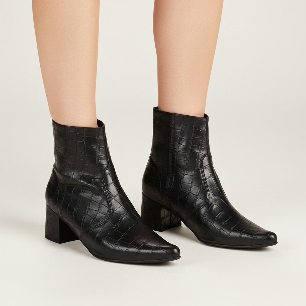 Bota Feminina Croco Cano Curto Bico Fino Salto Alto Elegante Blogueira Tendência 2026 Figueiroa
