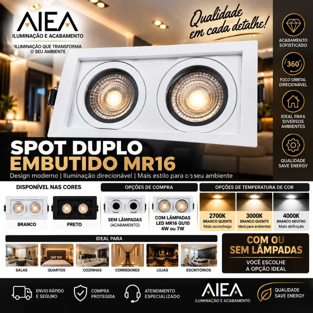 Spot Duplo Embutido Recuado MR16 GU10 Quadrado Direcionável Branco Preto Com ou Sem Lâmpadas LED