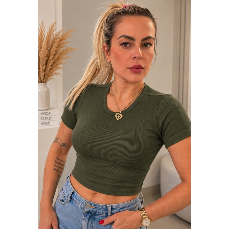 Blusa Feminina Canelada Essenza Manga Curta Gola Redonda Cropped Básica Premium