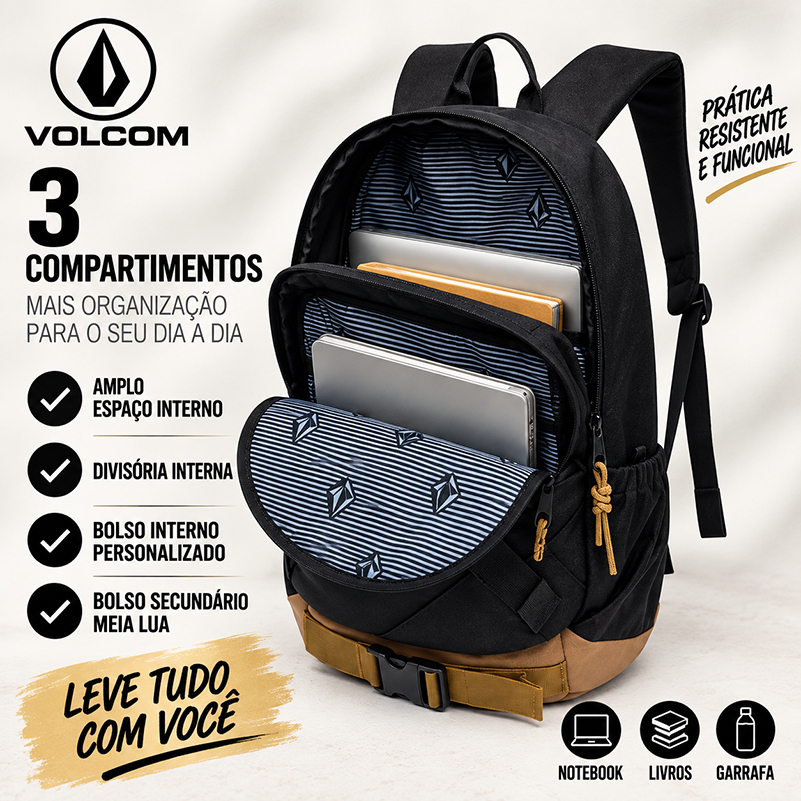 Mochila Volcom Masculina Notebook Faculdade Trabalho Escolar Reforçada 20L Preta · foto 2