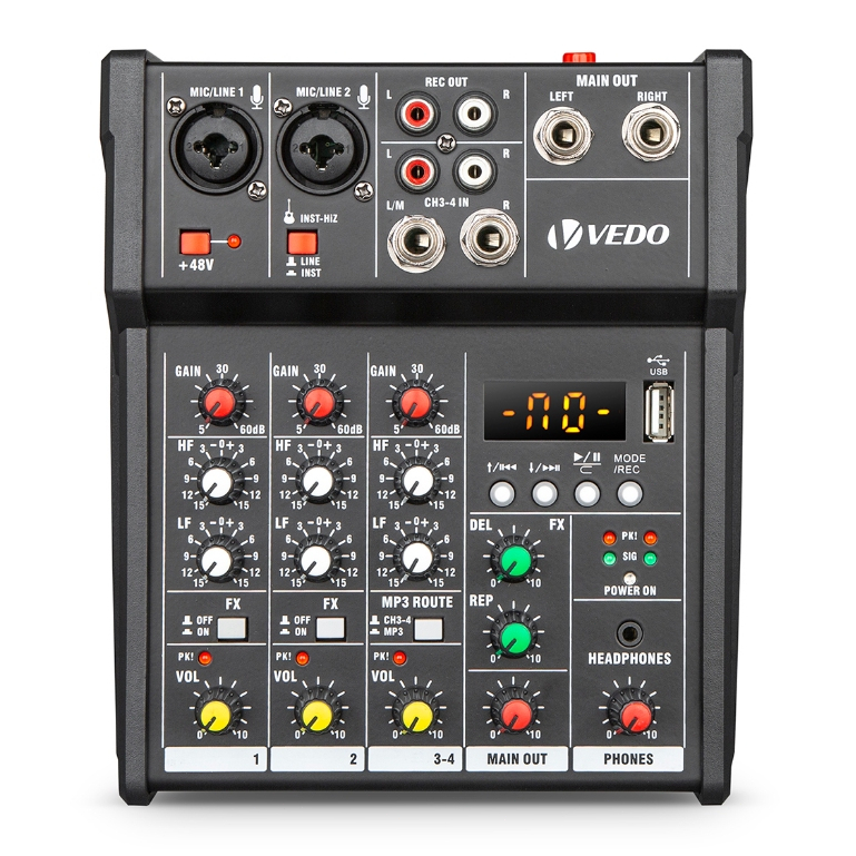 VEDO 4 Canais Mesa De Som Phantom Power +48V Gravação Bluetooth/MP3 2 Bandas monitoramento Para Estúdios Transmissões