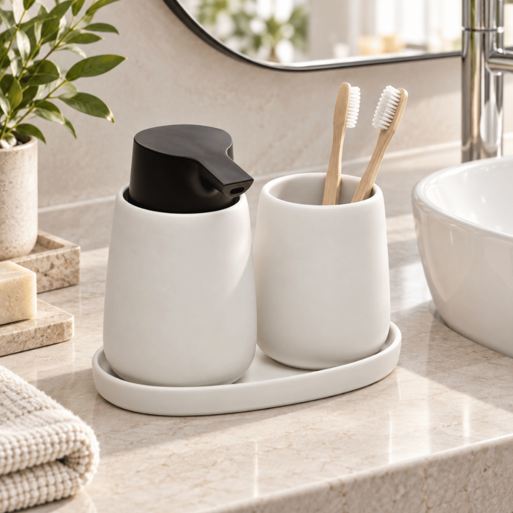 Imagem Kit Banheiro Lavabo 3 Peças Cerâmica Dispenser Sabonete Líquido Porta Escova Copo Bandeja Branco Fosco Decoração Wolff