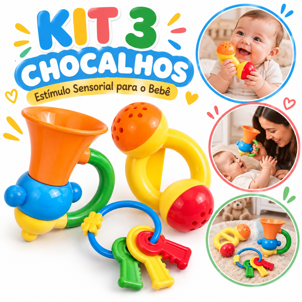 Kit  3 Chocalhos Infantis Educativos Coloridos Brinquedo Bebê Estímulo Sensorial e Motor Chaveiro Bola Trombeta