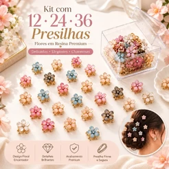 Kit 12 24 36 Presilhas de Cabelo Infantil Flor Resina com Strass Dupla Face Mini Piranha Acessório Menina