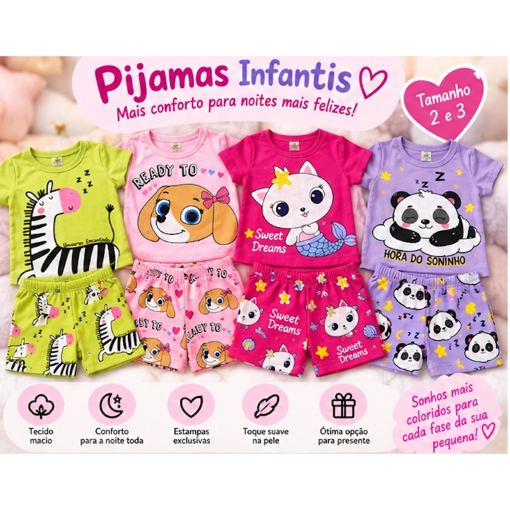 Pijama Infantil Feminino 2 Peças Camiseta e Short Estampado Menina Tamanho 2 e 3 Confortável Verão Noite Dia a Dia Macio