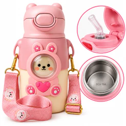 Garrafa Térmica Infantil Animais 500ml Inox com Canudo Alça Escolar