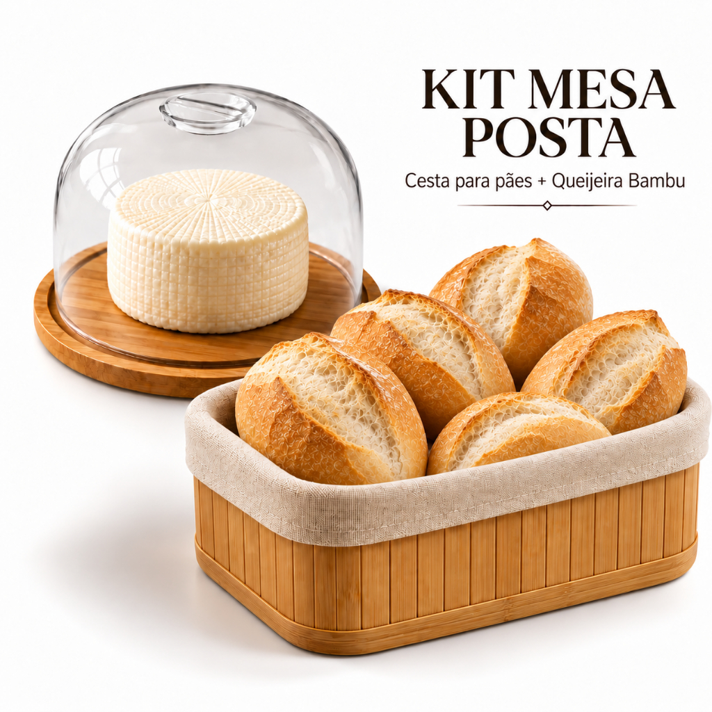 Kit Mesa Posta Queijeira Bambu Cesto de Pão Bandeja Café da Manhã Cozinha Petisqueira Porta Frios