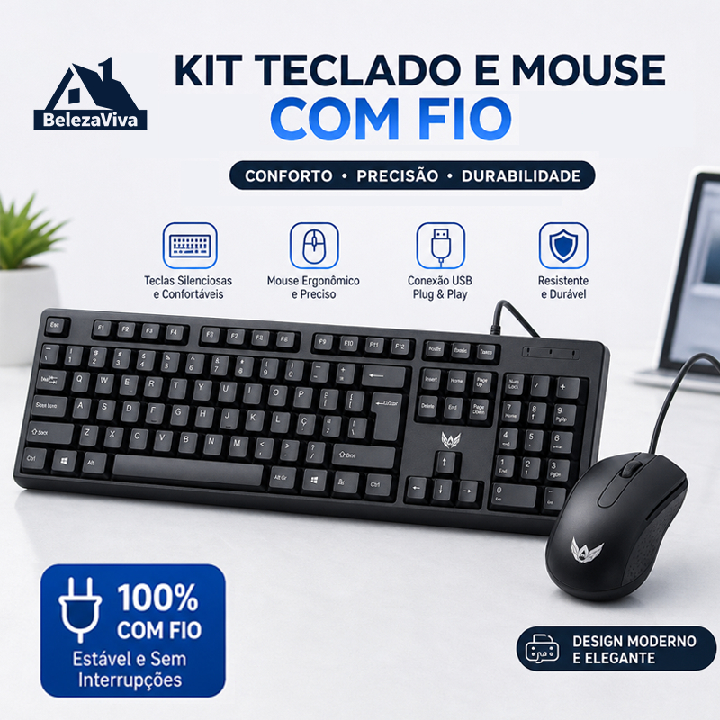 Kit Teclado Mouse Ergonômico Com Fio Escritório Baixa Latência Teclas Silenciosas para PC e Notebook