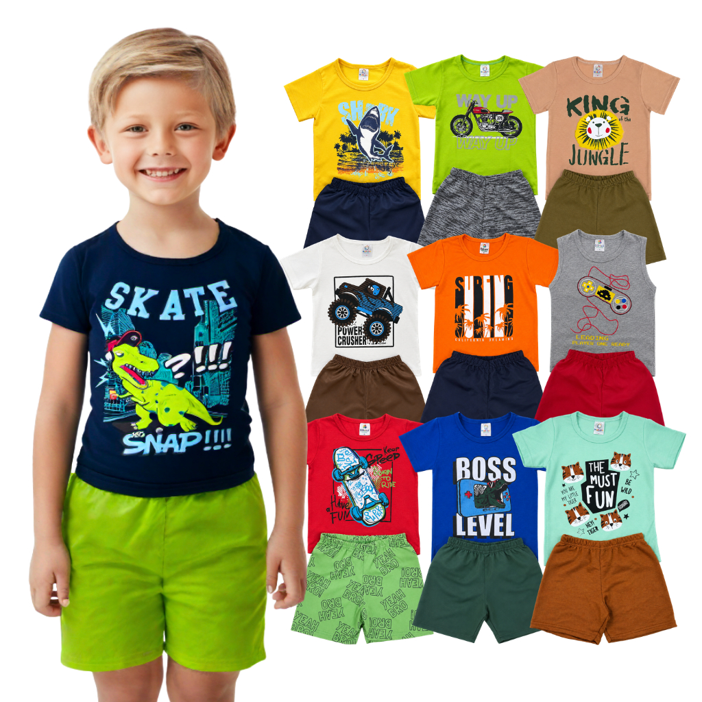 Kit 12 Peças Roupa Infantil Menino Verão Sortido Estampado Camiseta + Shorts 6 Conjuntos