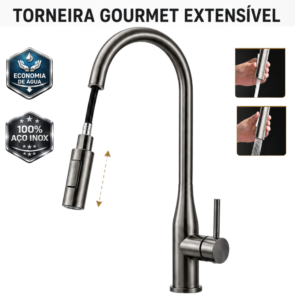 Torneira para Pia de Cozinha Gourmet Extensível Torneira Monocomando Quente e Fria Bancada Aço Inox