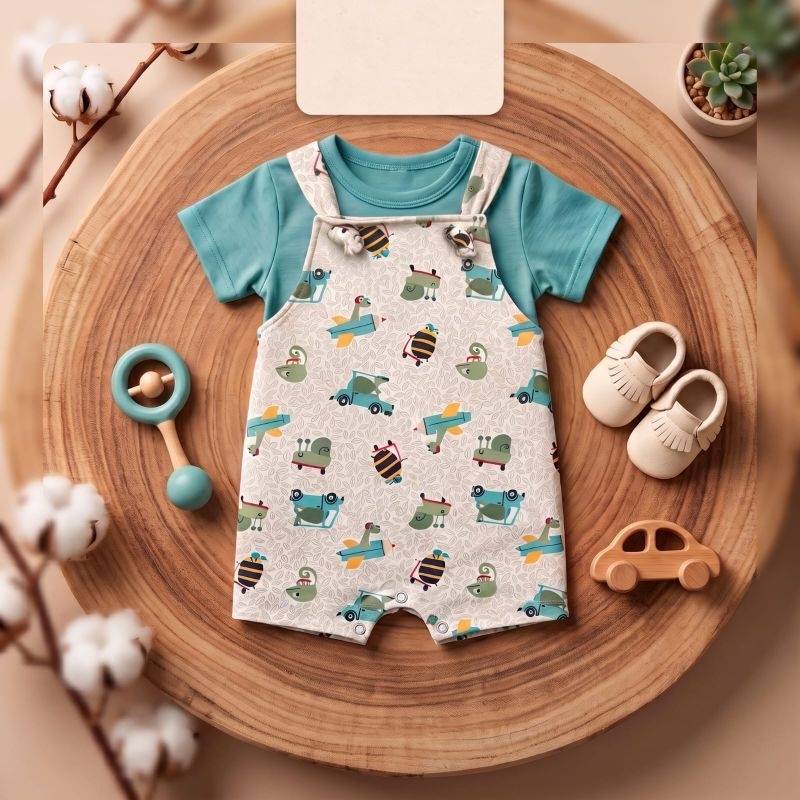 Conjunto Jardineira Tamanho 01 Bebê Menino Romper Salopete de Nó + Camiseta Estampada Bichinhos Carros